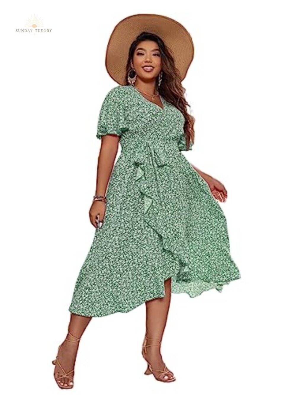 Plus Size Boho Floral V Neck Flutter Sleeve Ruffle Hem A Line Midi Dress